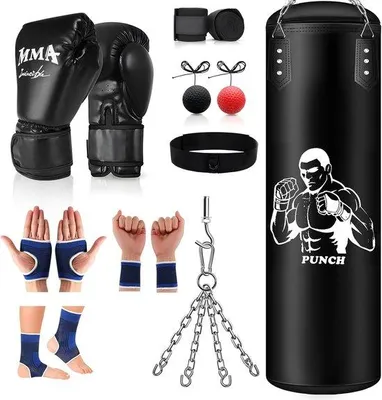 Produktbild von Famanu Boxsack Set 120 cm für Erwachsene, Jugendliche und Kinder - unbefüllt mit Boxhandschuhen und Zubehör