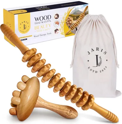 Productafbeelding van Maderotherapy Set of 2 Beech Wood Curved Wooden Roller Fascia Stick Fascia Roller Wood + Massage Mushroom Fascia Massage and Lymphatic Drainage