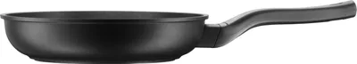 A side view of a black frying pan with a black handle against a white background.