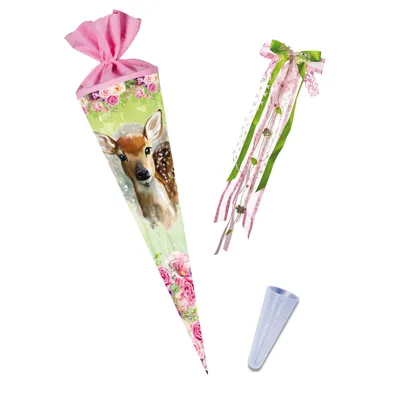 Produktbild von Nestler Schultüte Rehkitz, 70 cm rund mit Filz, inkl. Schleife und Spitzenschutz