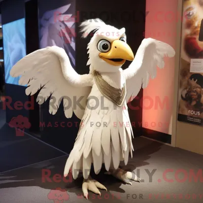 Obrázok produktu pre Maskot spoločnosti REDBROKOLY, biela harpyja, je oblečená v sukni tvaru "A" a v zavinovacej blúzke