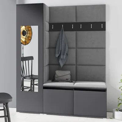 Produktbild von Garderoben-Set LINDA – Kleiderschrank mit Polsterplatten, Schuhschrank und Schrankaufsatz, für Flur und Eingangsbereich (Graphite, Trinity 15)