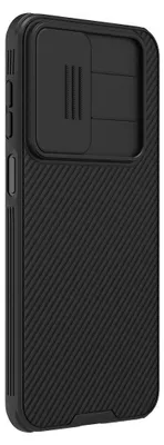 A black phone case with a textured back and a sliding camera cover.