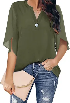 Produktbild von ASKSA Damen Bluse Chiffon Elegant Knöpfen V-Ausschnitt Hemden Casual Einfarbig Oberteile, Armeegrün, XL