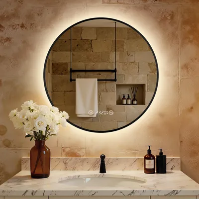 Immagine prodotto di S'AFIELINA Specchio da bagno LED Rotondo 60cm, touch, antiappannamento, dimmerabile, orologio, temperatura, memoria, Nero