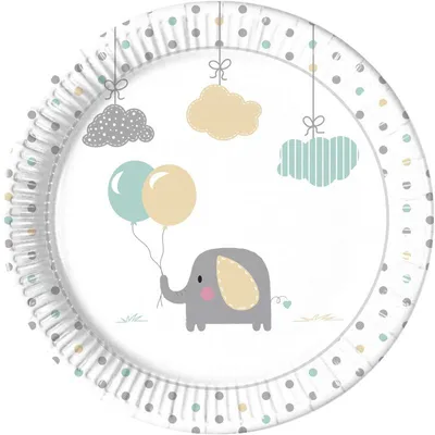Image de Assiettes en carton « Bébé éléphant » 23 cm, lot de 8