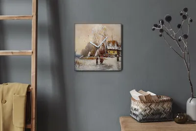 Produktbild von Coloray Hodiny Unikátní 30x30 cm  Tiché hodiny Pro obývací pokoj a kuchyň Nástěnné hodiny Plátno Bílé ručičky hodin - Zimní vesnice sněhových stromů