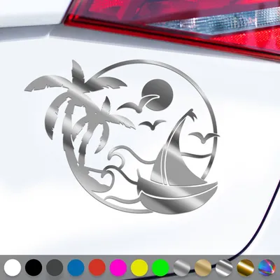 Produktbild von PantherPixel Sonne Strand Aufkleber Palmen Urlaub Reisen Segelboot Sticker Auto Geschenkidee Farbe Chrom-Silber