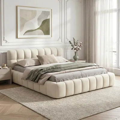Produktbild von INONEFT Polsterbett Bubble 140x200 cm, Doppelbett Flachbett mit gepolstertem Kopfteil und Lattenrost, Jugendbett Bodenbett Modern, Beige, Leinen, KI-generiertes Bild