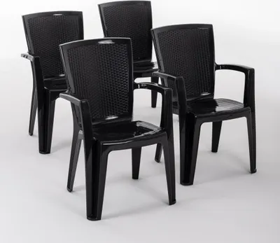 Produktbild von 4er-Set Stühle aus Polypropylen monoblock, stapelbar mit Armlehnen, wasserbeständig, Rattan-Effekt für Garten, Terrasse, Restaurant, Bar, leicht zu reinigen - Diana - Anthrazit