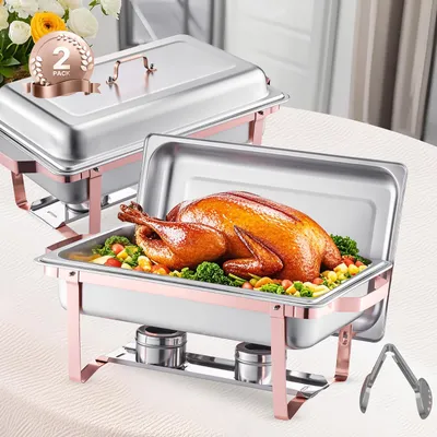 Produktbild von VEVOR Chafing Dish Set 2 Stk. Speisenwärmer Edelstahl mit 2 Pfannen (7,5 L) in voller Größe, rechteckiger Catering-Wärmespender mit Deckel & Wasserpfannenständer & Brennstoffhalter, Roségold