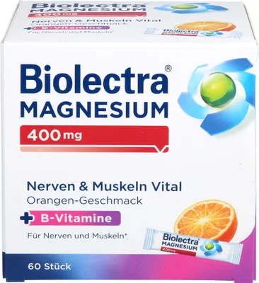 Immagine prodotto di Biolectra Magnesio 400 mg, integratori vitali per nervi e muscoli, con aroma di arancia, 60 stick