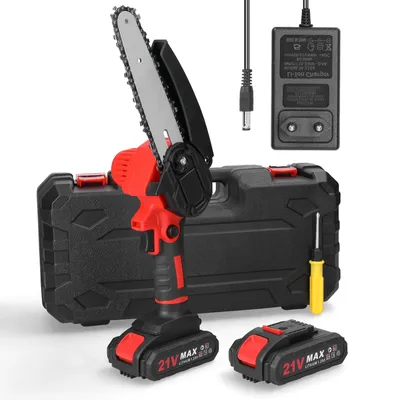Produktbild von Mini Kettensäge, 6 Zoll 21V Elektro-Kettensäge, mit 2 x 1300 mAh Batterie und 1x Ladegerät, Tragbare Handgeführte Akku Kettensäge für Gartenarbeit Baumbeschneidung Holzschneiden