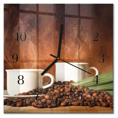Immagine prodotto di Orologio da parete Tulup Glasuhr, orologio da cucina, vetro vero, 30x30 cm, design moderno e decorativo, silenzioso, con lancette nere - Motivo: tazze da caffè
