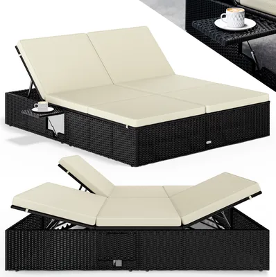 A collage of two images showing a black rattan double sun lounger with cream cushions. The top image shows the lounger in its assembled state with a small side table holding a cup of coffee. The bottom image shows the lounger with its backrests and leg res