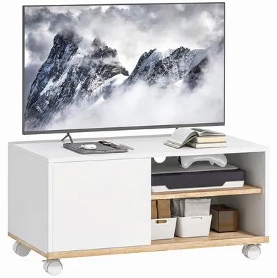 Produktbild von HOMCOM TV Schrank, Lowboard auf Rollen mit verstellbarer Ablage, Schrank, Weiß