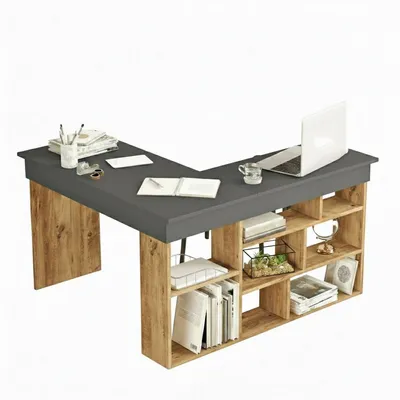 Produktbild von Schreibtisch Angete, Mehrzweckschreibtisch, Bürotisch für PC, Eckschreibtisch, 129x120h72 cm, Eiche und Schwarz