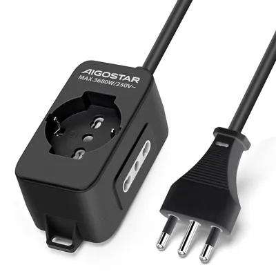 Imagen del producto de Regleta de enchufes Aigostar, con 3 enchufes, 16A, 250V, con enchufes tipo P40, P17 y P11, y cable de 3 metros. Color negro