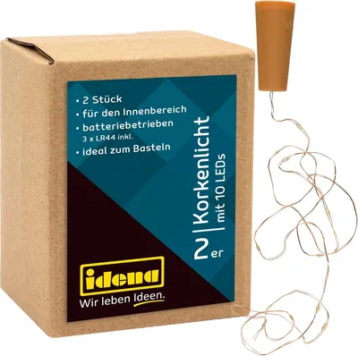 Productafbeelding van LED Micro Flessenlichtketting met 10 LED in warm wit - Set van 2 - Koperdraad met kurk - Inclusief batterijen - Elk ca