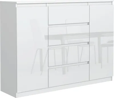 Obrázek produktu pro Komoda MebLocker se 4 zásuvkami a 2 dvířky 140 cm Ideální do obývacího pokoje, ložnice, dětského pokoje a kanceláře Moderní elegantní řešení pro stylové ukládání a organizaci (bílý lesk)