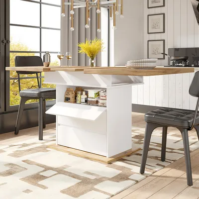 Image de okwish Table de cuisine pliante avec trois niveaux de rangement, pour 4-6 personnes, table à manger extensible avec casier à vin et tiroirs, meuble pour cuisine et salon – blanc