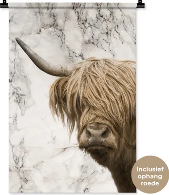 Produktbild von MuchoWow® Wandteppich Wandbehang Schottisches Hochlandrind - Kuh - Marmor 60x90 cm Tapisserie Dekoration Wandtuch - Foto-Teppich - Abwaschbar