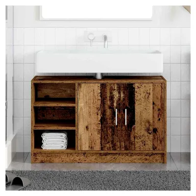 Produktbild von Spültischschrank aus altem Holz, cm, Holzwerkstoff, rustikale Badezimmerstauraumlösung mit Regalen und Türen, Möbel Nachbildung, Vintage-Tür mit Scharnieren