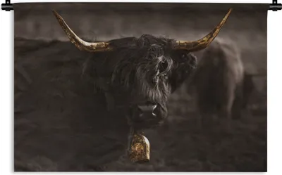 Produktbild von MuchoWow® Wandteppich Wandbehang Scottish Highlander - Tier - Schwarz und weiß 60x40 cm Tapisserie Dekoration Wandtuch - Wanddekorationen
