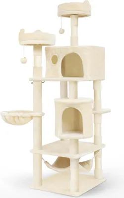 Produktbild von VOUNOT® Katzenbaum 168cm, mehrstöckiger Katzenmöbel XXL, mit Korb Hängematte, Plüschbälle, Dicke stämme, Kletterbaum für Katzen, Beige