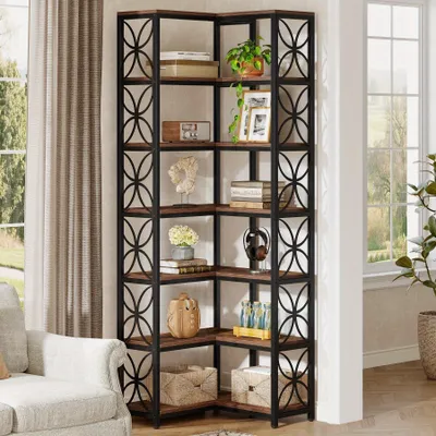 Image de Bibliothèque d'angle en forme de L avec sept étagères, de style industriel, avec une structure métallique robuste