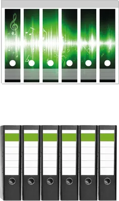 Produktbild von Wallario 6 Stück breite Ordner inkl. Klebeetiketten mit Motive Grüne Noten der Musik -  Set mit Rückenschildern / Ordnerrücken Stickern