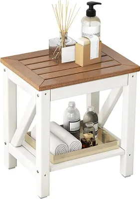 Produktbild von GOPLUS 2-stufige Duschbank, Duschhocker mit Ablage, Badezimmer Duschstuhl Badhocker für Bad-Spa und Beinrasur, Weiß & Braun (43 x 32 x 47 cm)