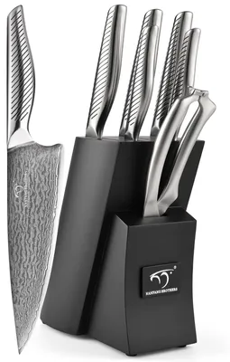7-teiliges Messerset mit Block, ergonomische Griffe, schwarz