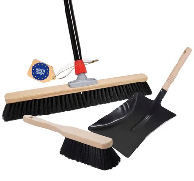 Produktbild von Novaliv Grosser Besen Saalbesen 80 cm mit Stiel Borsten Kunstborsten inkl. Kehrgarnitur schwarz bestehend aus Kehrblech und Handfeger besen fein Werkstattbesen Hallenbesen mit Stiel Industriebesen