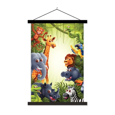 Produktbild von MuchoWow® Textilposter Dschungel - Jungen - Mädchen - Baby - Elefant - Löwe - Giraffe 60x90 cm mit schwarzem Rahmen - Poster Wohnzimmer