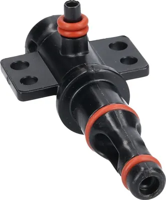 A close-up, isolated studio shot of a black plastic coffee machine valve with red O-rings.