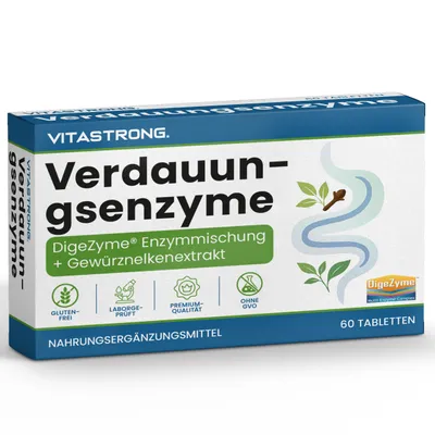 Produktbild von Vitastrong Digestion Enzymes – 30 Tabletten – Unterstützt Kohlenhydrate, Proteine, Fette & Laktose Verdauung – DigeZyme® Blend, Nelkenextrakt