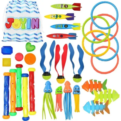 Immagine prodotto di Giocattoli subacquei per la piscina - Set da immersione - 30 pezzi - 5 bastoncini da immersione - 6 anelli da immersione - Affondanti - Borsa per il trasporto