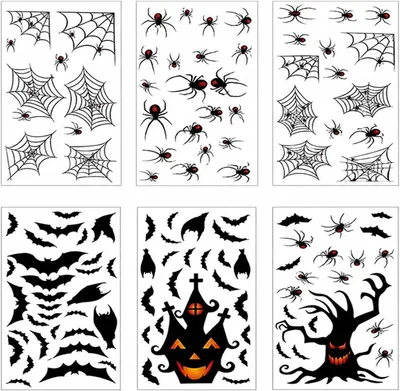 Zdjęcie produktu dla Zestaw 6 naklejek okiennych na Halloween - dekoracja elektrostatyczna o wymiarach 20x30 cm, przedstawiająca dynię, pająka i nietoperza. Wielokrotnego użytku, idealna do dekoracji na imprezy i do domu
