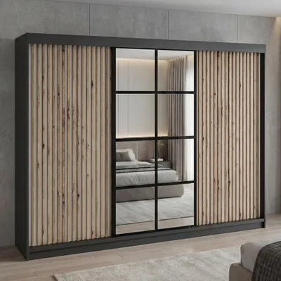 Produktbild von Schwebetürenschrank, 3-türig Schrank mit 4 Schubladen, und 3D-Lamellen. Kleiderschrank NORIVO 200 cm