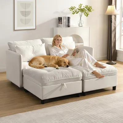 Produktbild von Modulsofa-Set - 4-Sitzer mit Schlaffunktion - Chenille-Bezug und verstecktem Stauraum - Frei kombinierbar