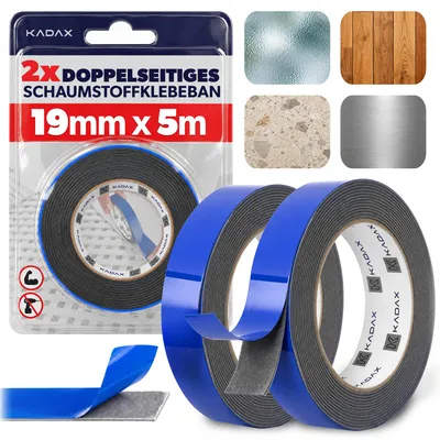 Imagen del producto de Cinta adhesiva de doble cara KADAX, 19 mm x 5 m, 2 rollos, extra fuerte. Cinta adhesiva de montaje de espuma de polietileno, cinta de doble cara para vidrio, metal, plástico y madera, Imagen generada por IA