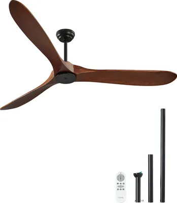 A ceiling fan with wooden blades and a black motor housing, along with accessories like a remote control and downrods, is displayed against a white background.