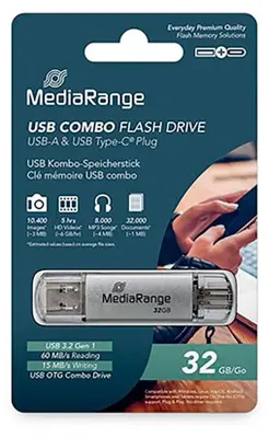 Produktbild von MediaRange MR937, 64 GB, USB Type-A / USB Type-C, 3.2 Gen 1 (3.1 Gen 1), 70 MB/s, Kappe, Silber