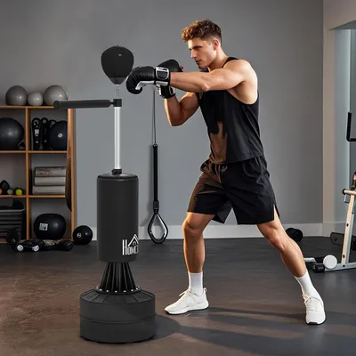 Produktbild von Sweiko Boxsack Stehend mit Speedball, Reflexstange, Höhenverstellbar, für Erwachsene, 155-205cm, Schwarz