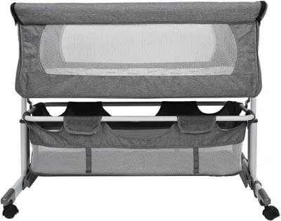 Produktbild von Beistellbett & Babywiege & Reisebett, 5-stufig Höhenverstellbares Babybett, neigbar, Stubenwagen für Babys, 92 x 58 x 70–90 cm (Cremeweiß)