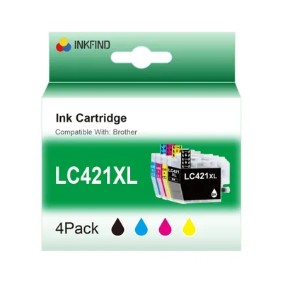 The image shows the packaging of a 4-pack of INKFIND LC421XL ink cartridges for Brother printers.