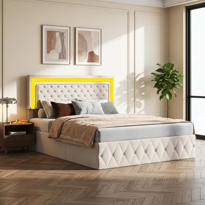 Produktbild von INONEFT Boxspringbett 140x200cm mit Lattenrost und Stauraum, Doppelbett Jugendbett mit LED und Bettkasten, Stauraumbett Funktionsbett, Samt, Beige