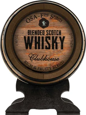 A product shot of a whisky barrel with branding.