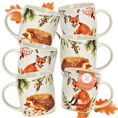 Produktbild von Herbst Tassen 36er Set Fuchs & Igel, 350 ml Kaffeetasse aus Porzellan